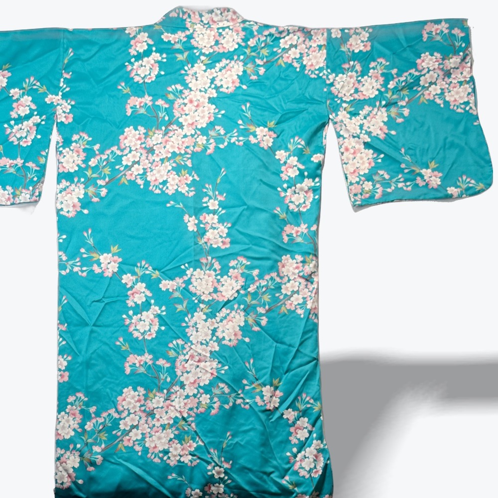 Vintage Made in Japan Turquoise Cherry Blossom Sakura Floral Kimono Robe 56in